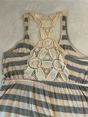 Lace razor back junior large long top dress beach cover up boho gray white strip